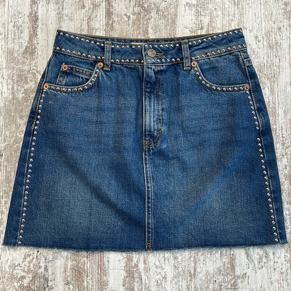Topshop Blue Studded Denim Mini Skirt